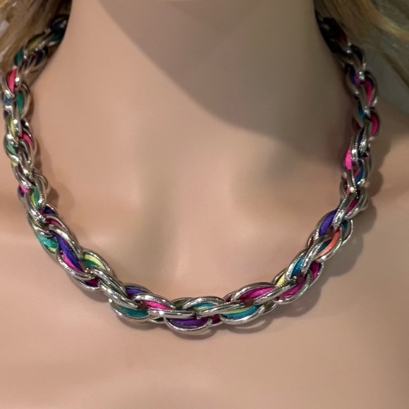 Belle Miss Multi-Color Ribbon Woven Silver Tone Statement Necklace - Picture 10 of 10